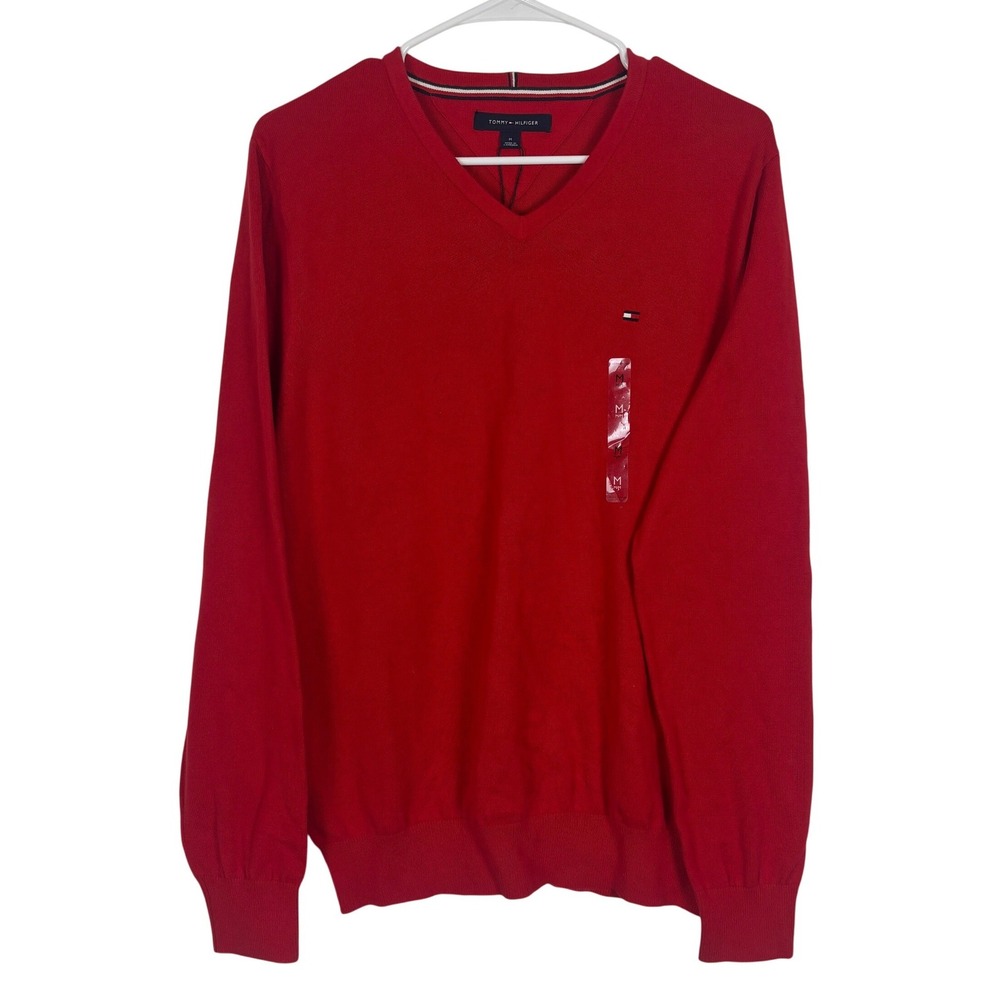 Tommy Hilfiger Sweater Mens MEDIUM‎ Red V-Neck Cotton Knit Long Sleeve Preppy